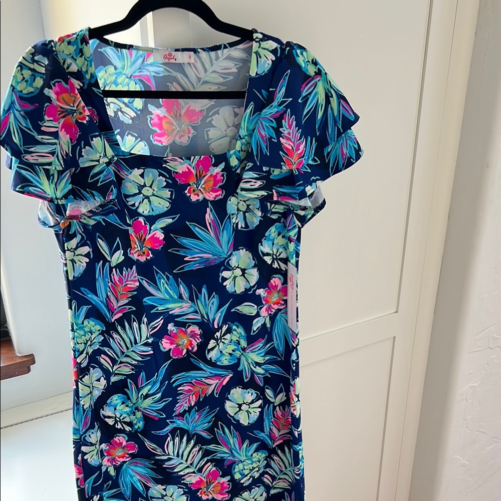 Floral UPF50+ Blue Dress with Ruffle Sleeves